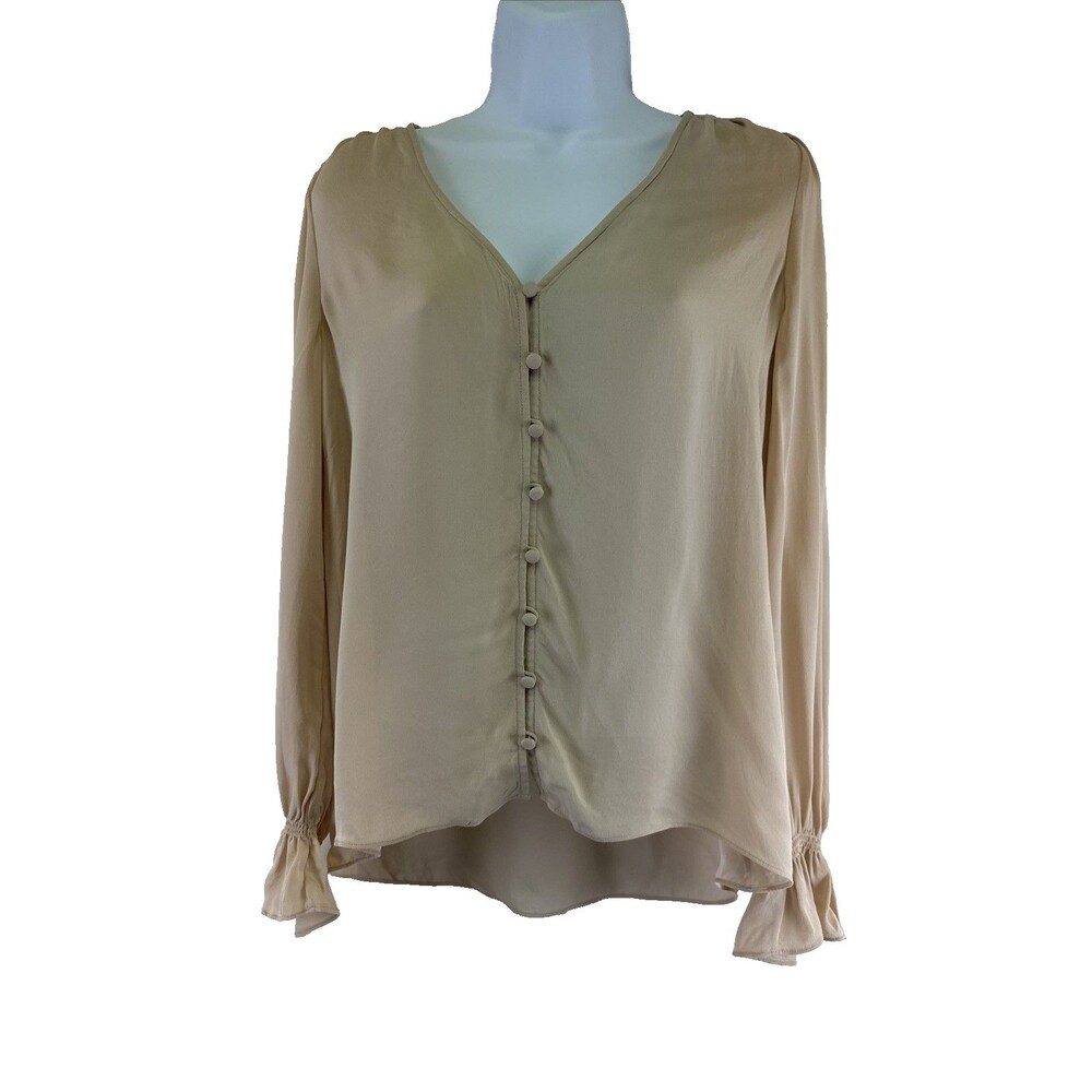 Joie Silk Blouse Peasant Sleeve Puff‎ Ruffle Button V-Neck Neutral Peach Medium